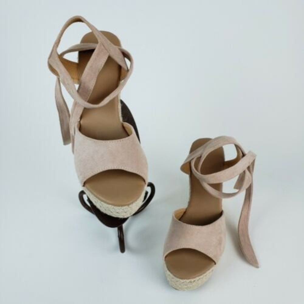Unbranded Rope Wedge Sandals Heels Tie Strap Beige (Size 8)
